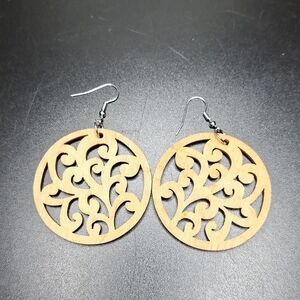 Wood carved round swirl design earrings lightweight boho jewelry